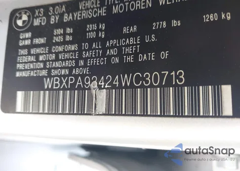 2004 BMW X3 3.0I z USA, uszkodzony, nr VIN WBXPA93424WC30713